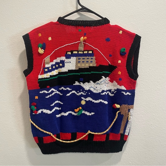 Berek Hand Knitted Vintage Cruise Ship Palm Tree Vacation Sleeves Sweater Vest - Picture 8 of 8